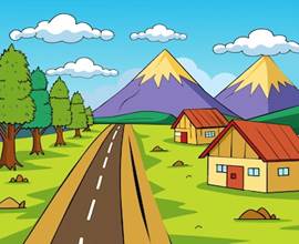 A cartoon drawing of a road with a house and trees | Premium AI-generated  vector